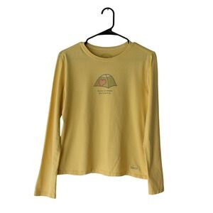 Life is Good Womens Yellow Long Sleeve T Shirt Tent Heart Camping Graphic Tee XS